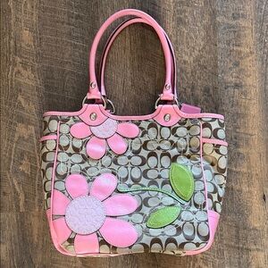Coach Pink Floral Appliqué Signature Tote with Green Leaf Accents